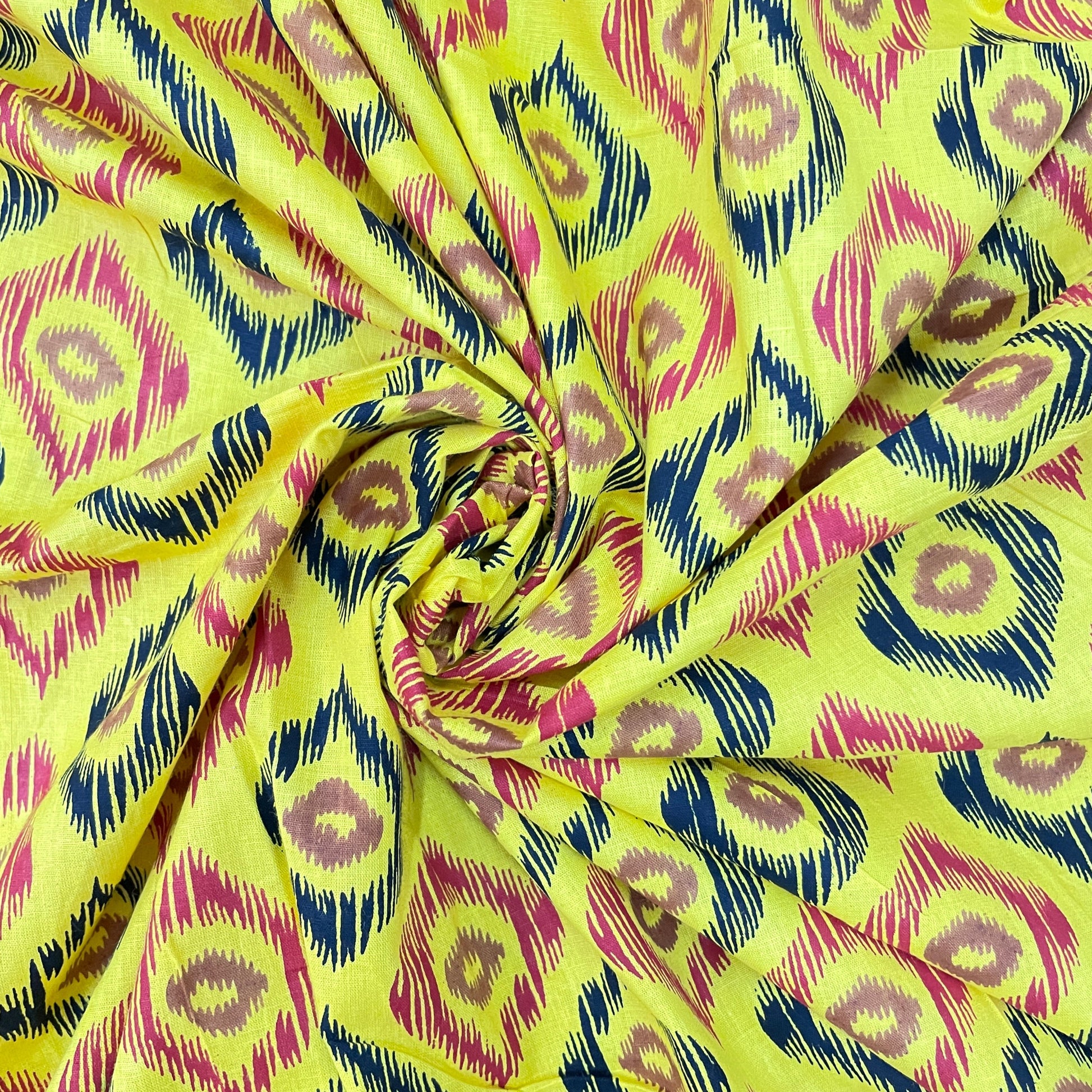 Yellow Ikkat Print Poplin Cotton Fabric - TradeUNO