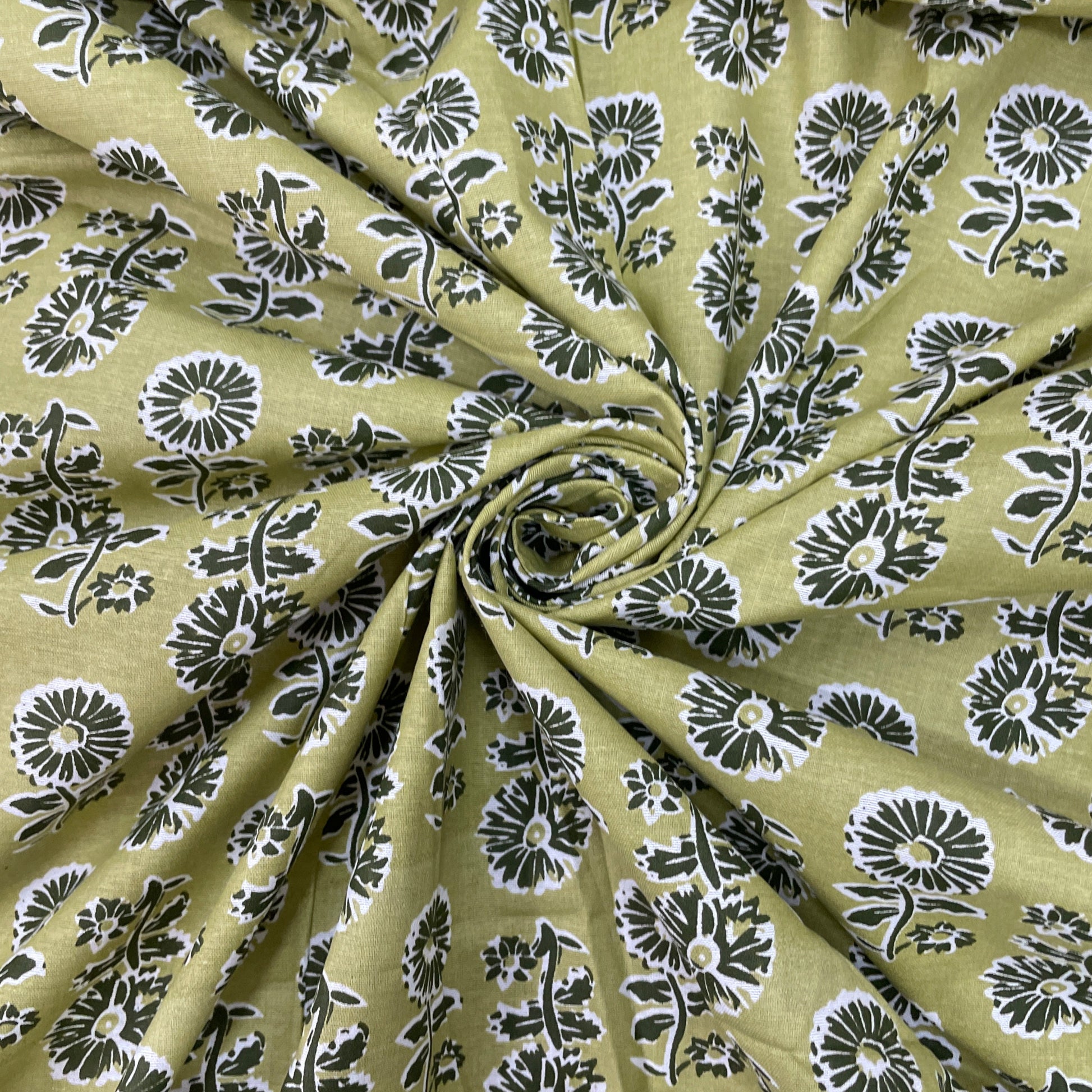 Olive Green Floral Print Poplin Cotton Fabric - TradeUNO