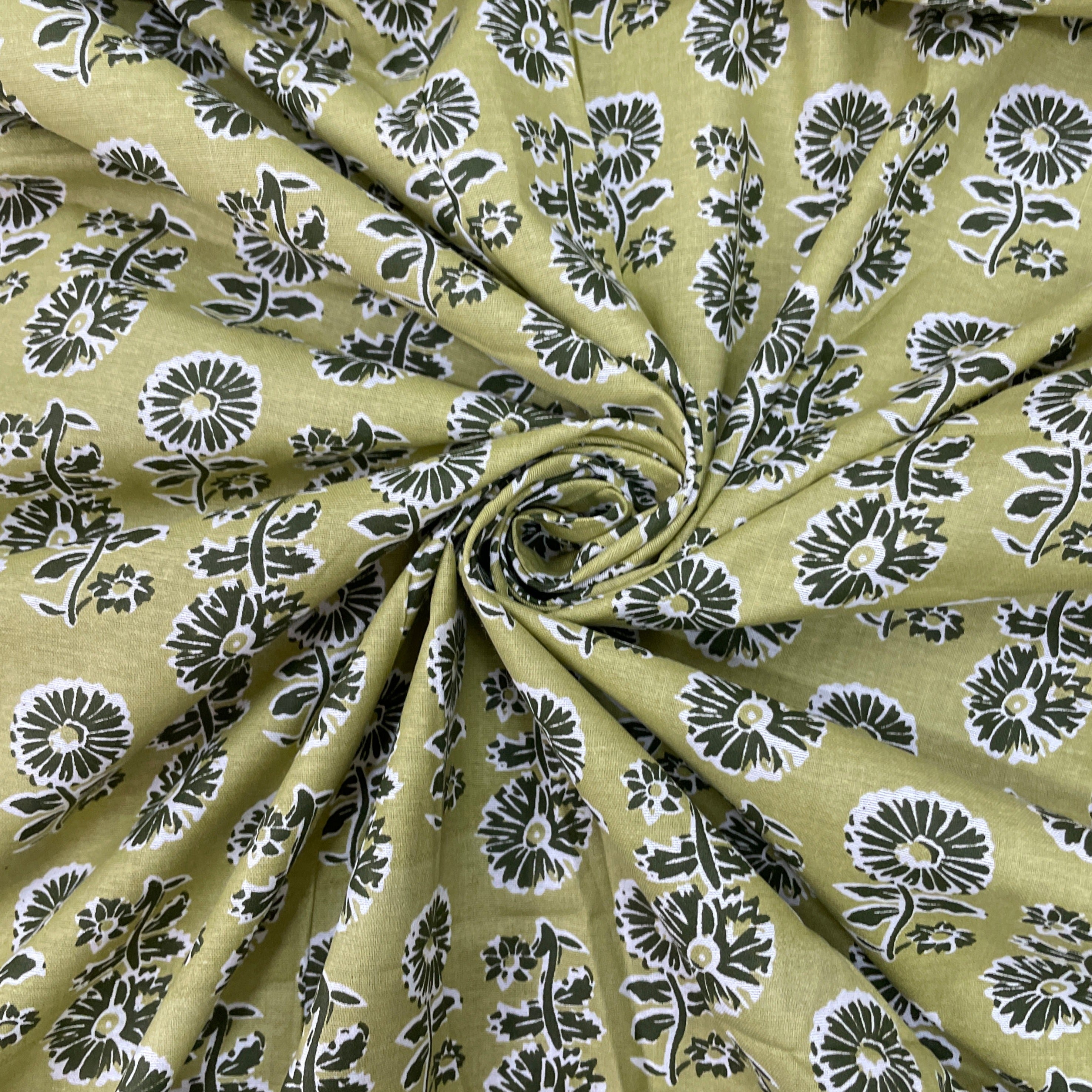 Olive Green Floral Print Poplin Cotton Fabric - TradeUNO