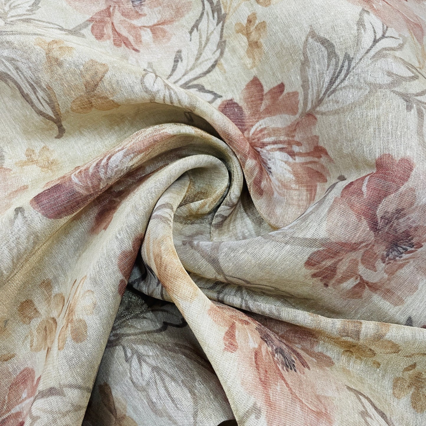 Classic Cream Brown Floral Print Zari Organza Fabric