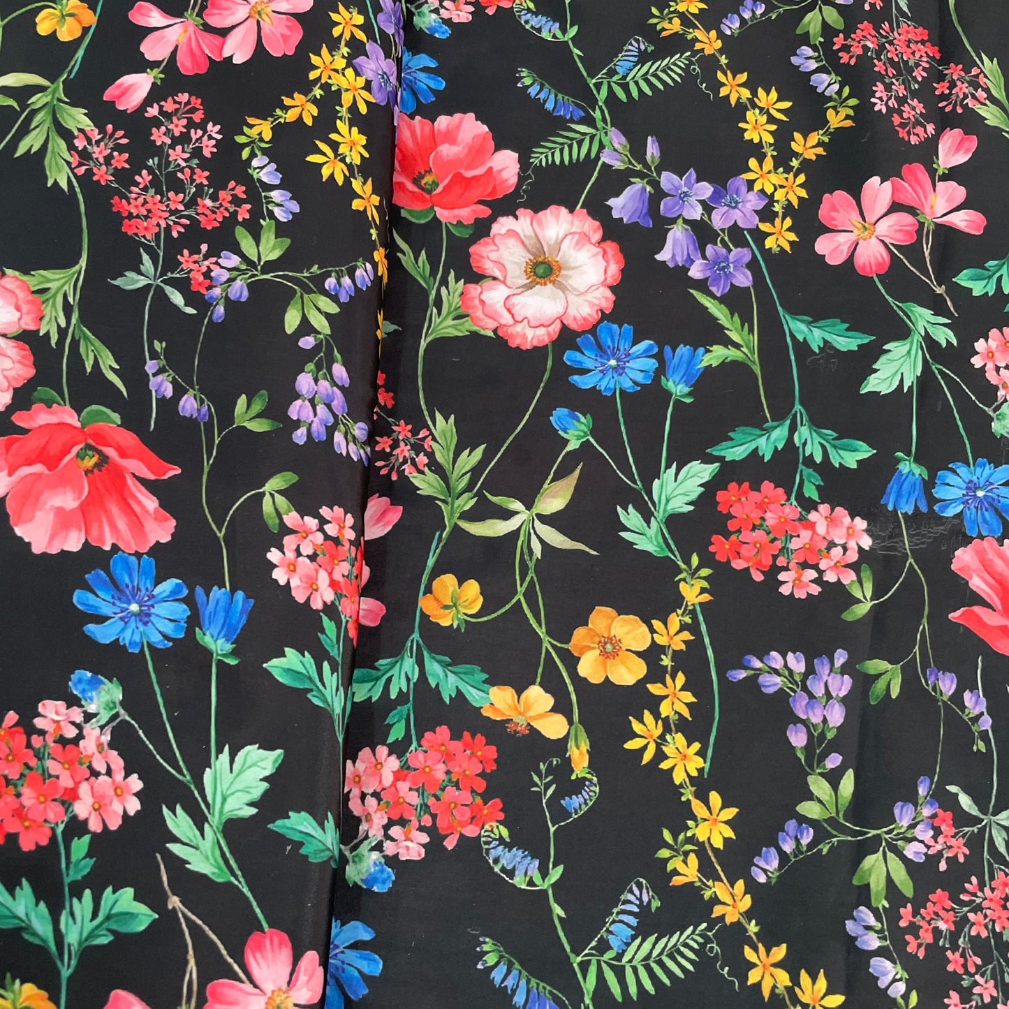Premium Black Multicolor Floral Print French Crepe Fabric