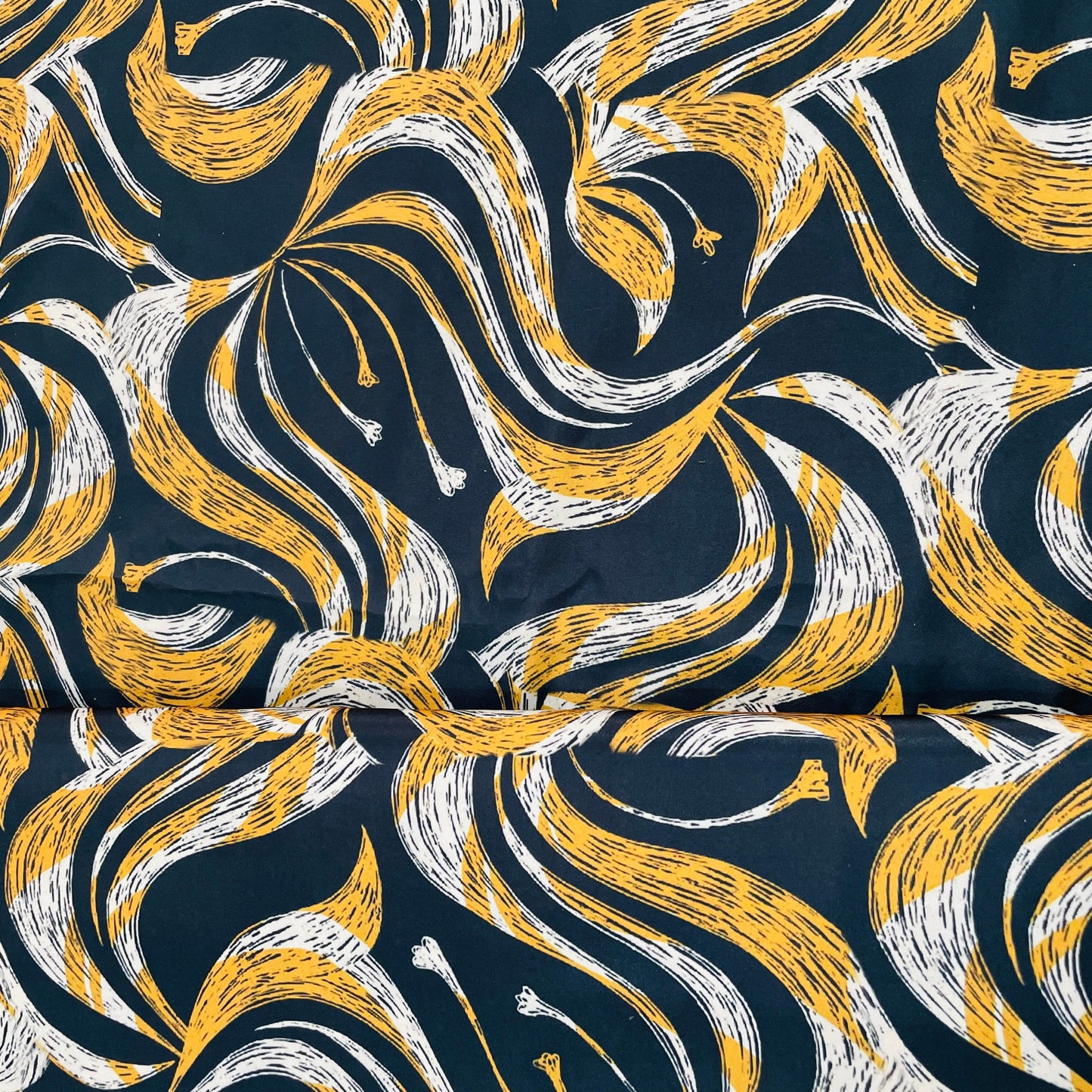 Premium Black Yellow Abstract Print French Crepe Fabric