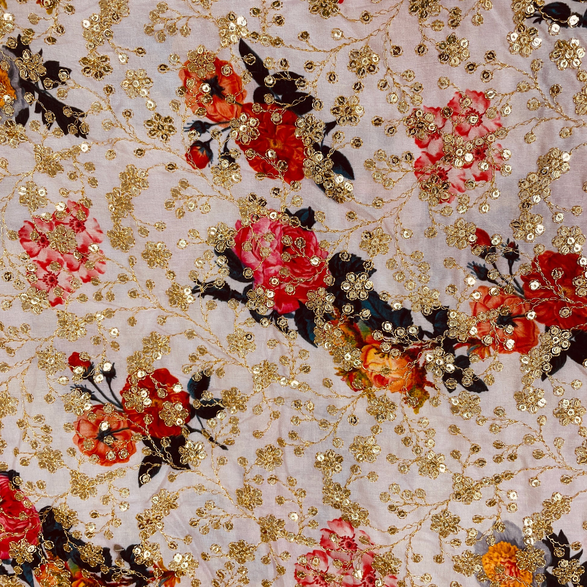 Cream With Red & Pink Floral Golden Sequence Cotton Silk Fabric - TradeUNO