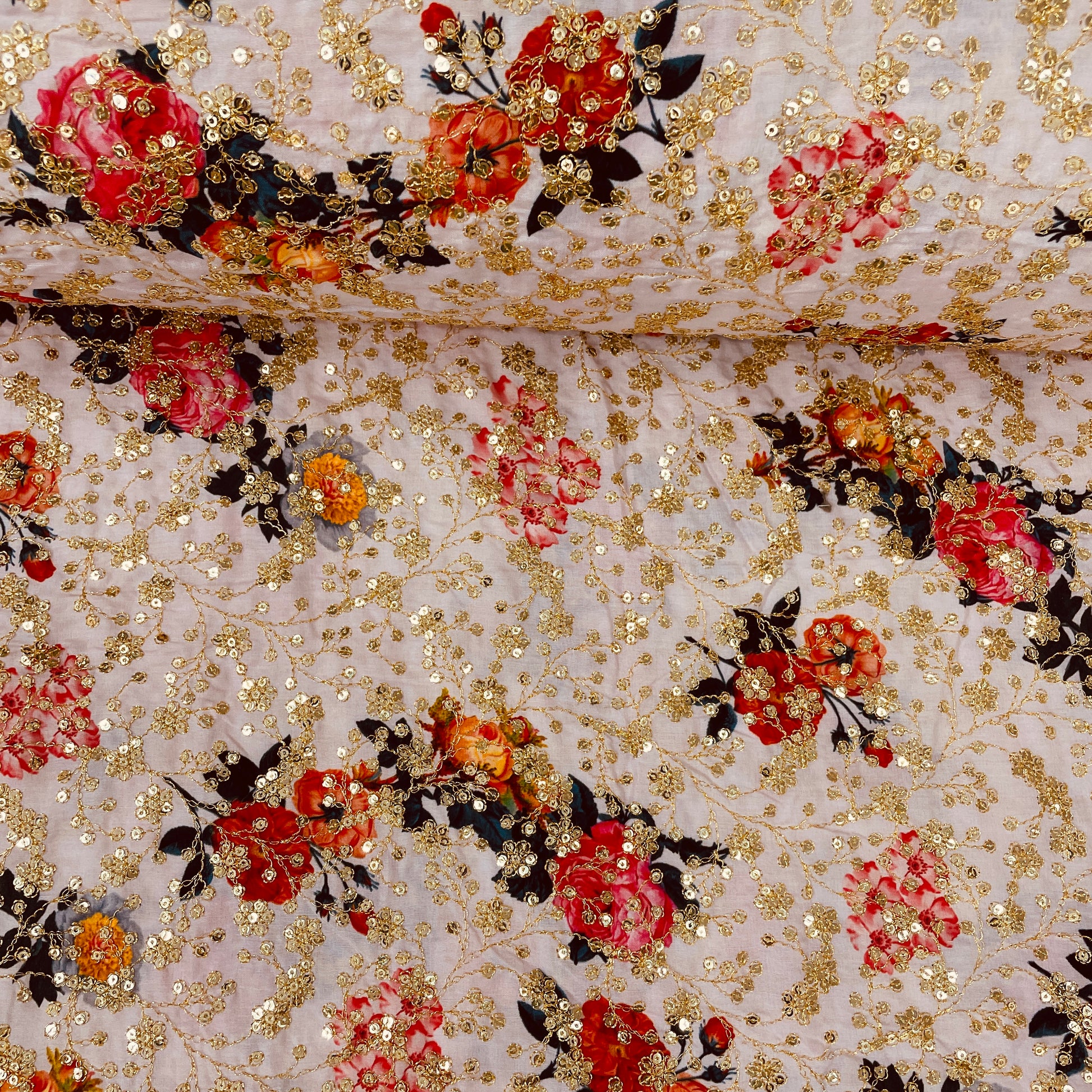 Cream With Red & Pink Floral Golden Sequence Cotton Silk Fabric - TradeUNO