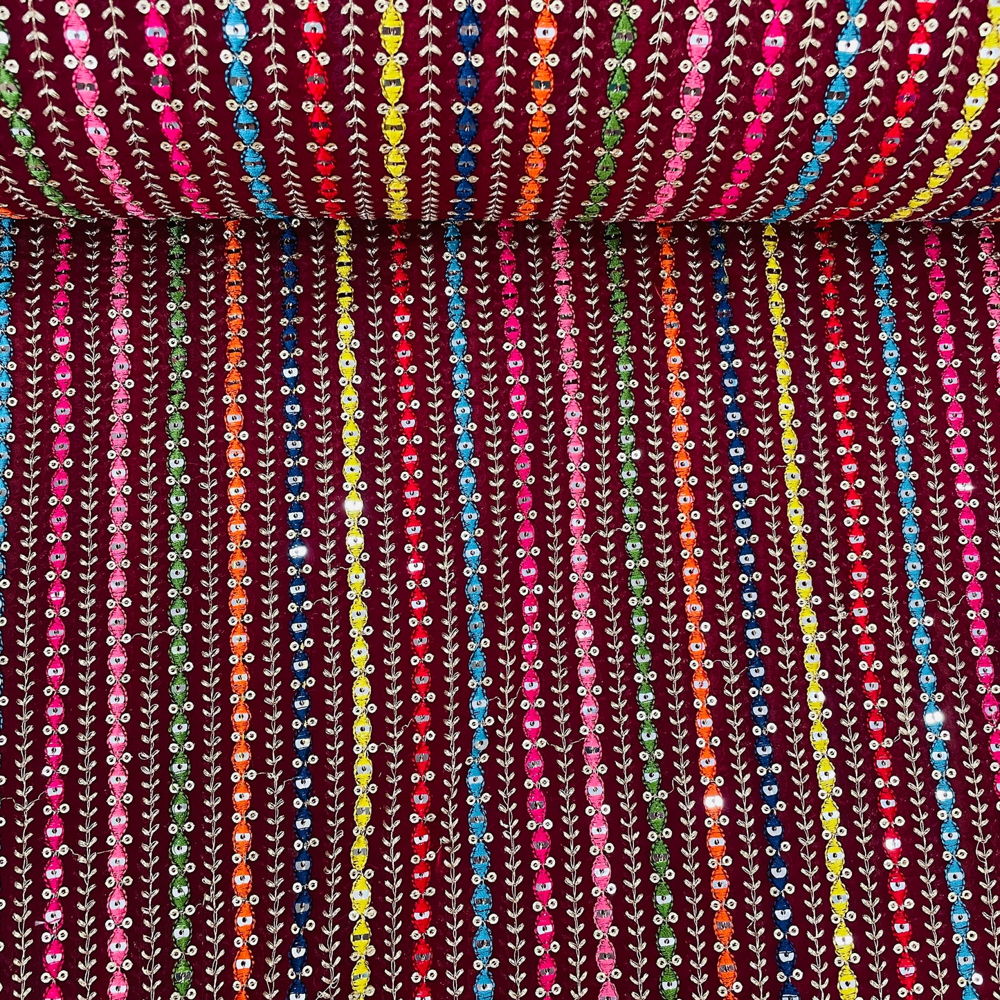 Red With Multicolor Stripe Sequence Thread Embroidery Georgette Fabric - TradeUNO