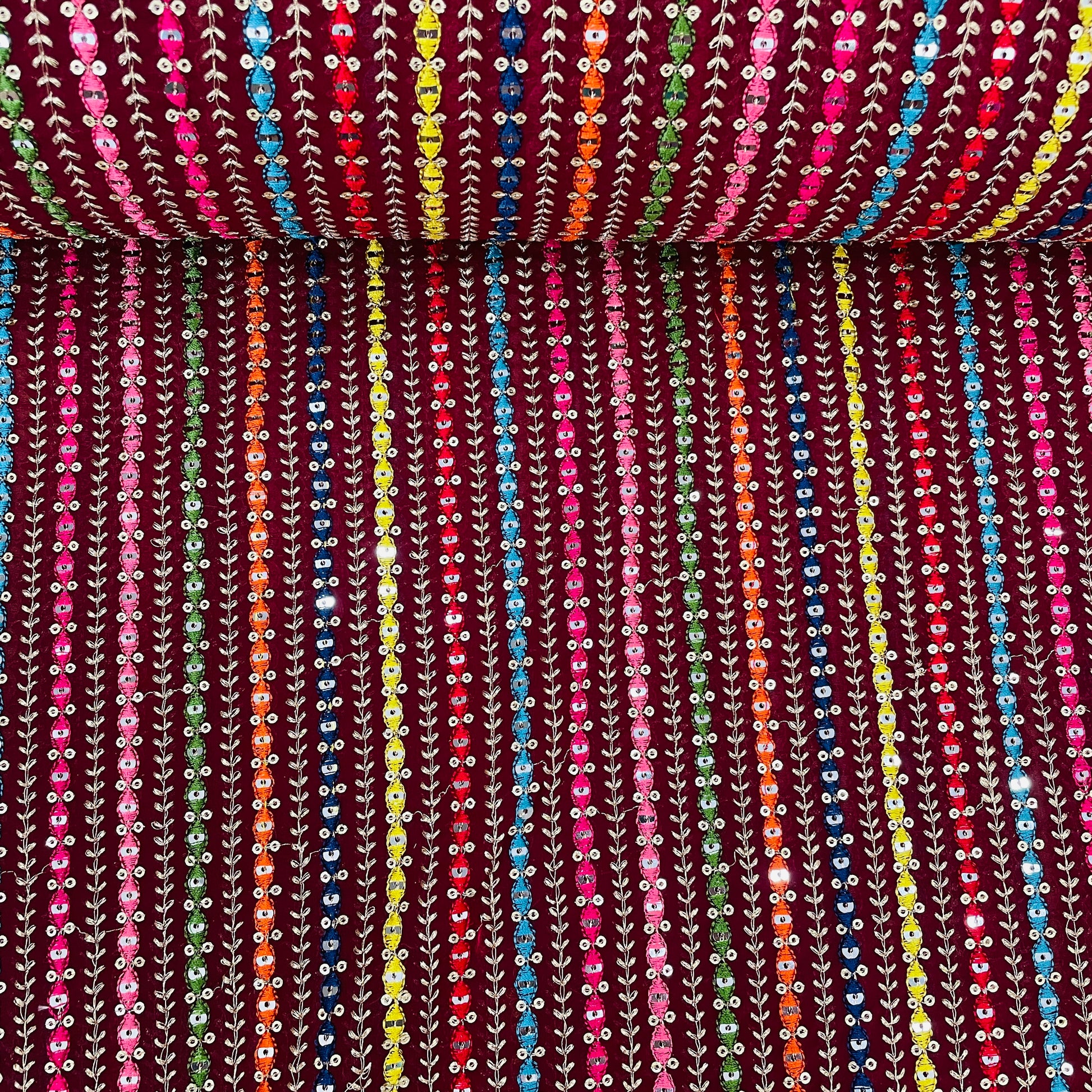 Red With Multicolor Stripe Sequence Thread Embroidery Georgette Fabric - TradeUNO