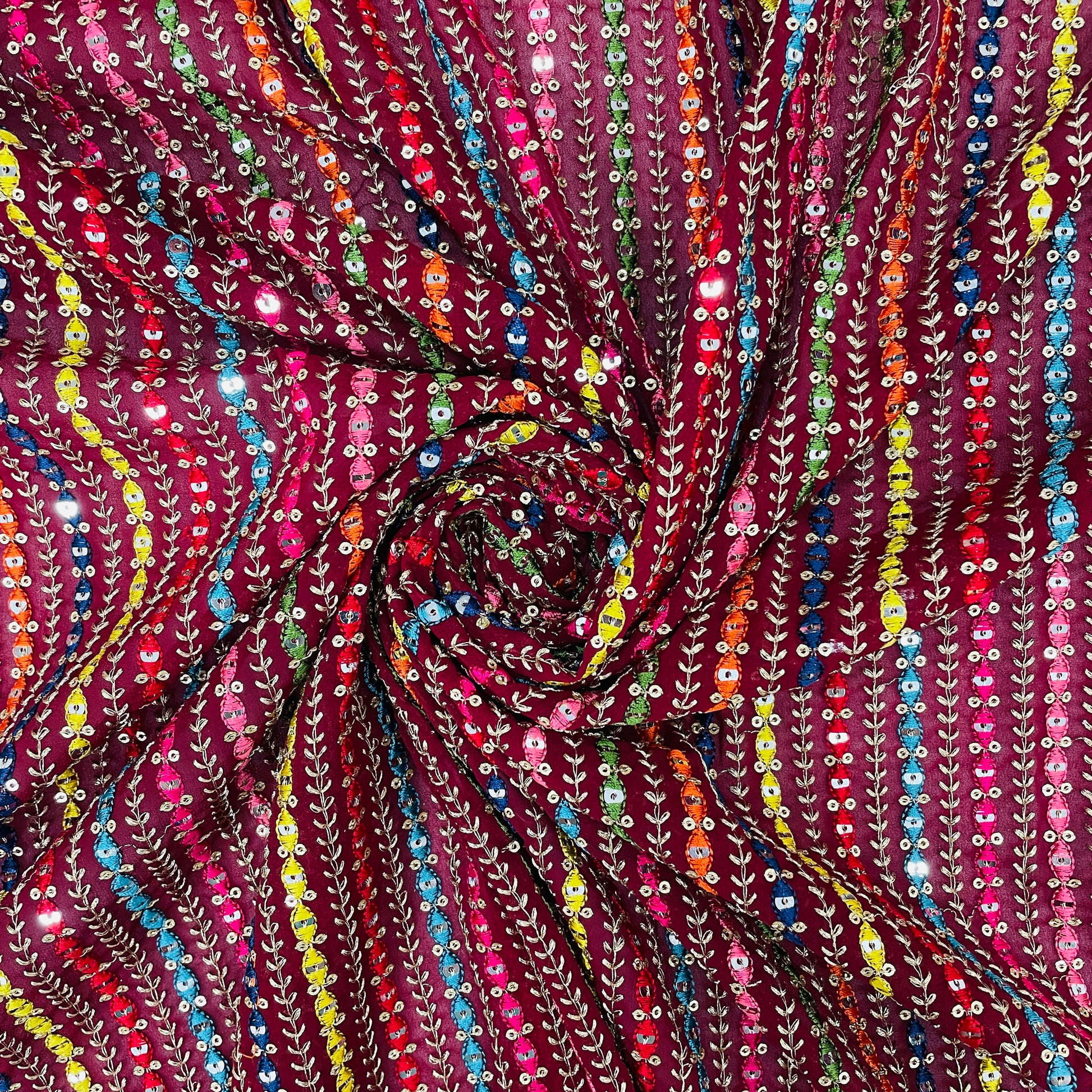 Red With Multicolor Stripe Sequence Thread Embroidery Georgette Fabric - TradeUNO