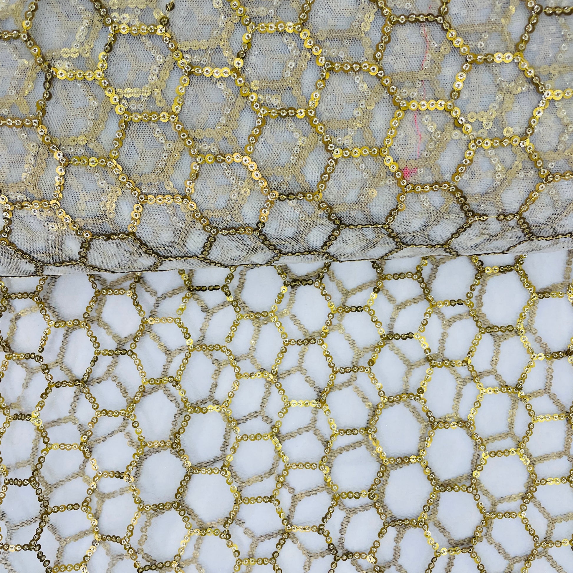 White Geometrical Gold Sequence Net Fabric - TradeUNO