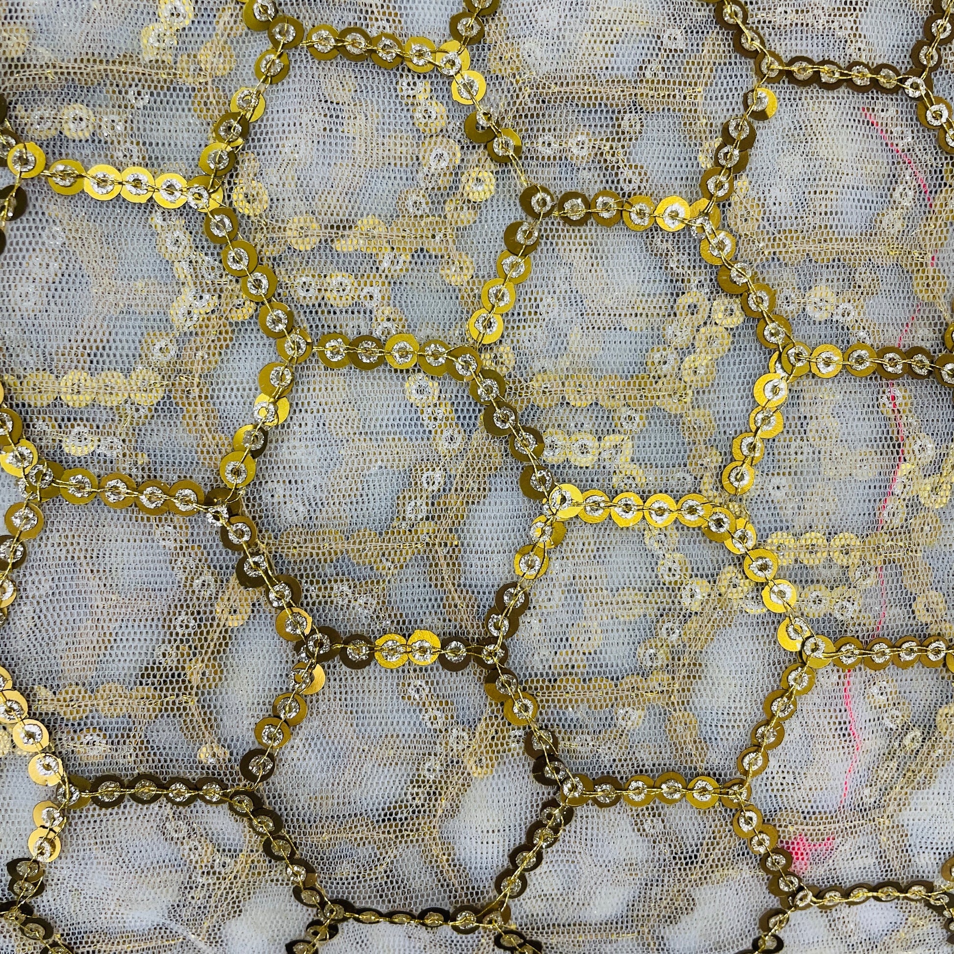 White Geometrical Gold Sequence Dyeable Net Fabric - TradeUNO
