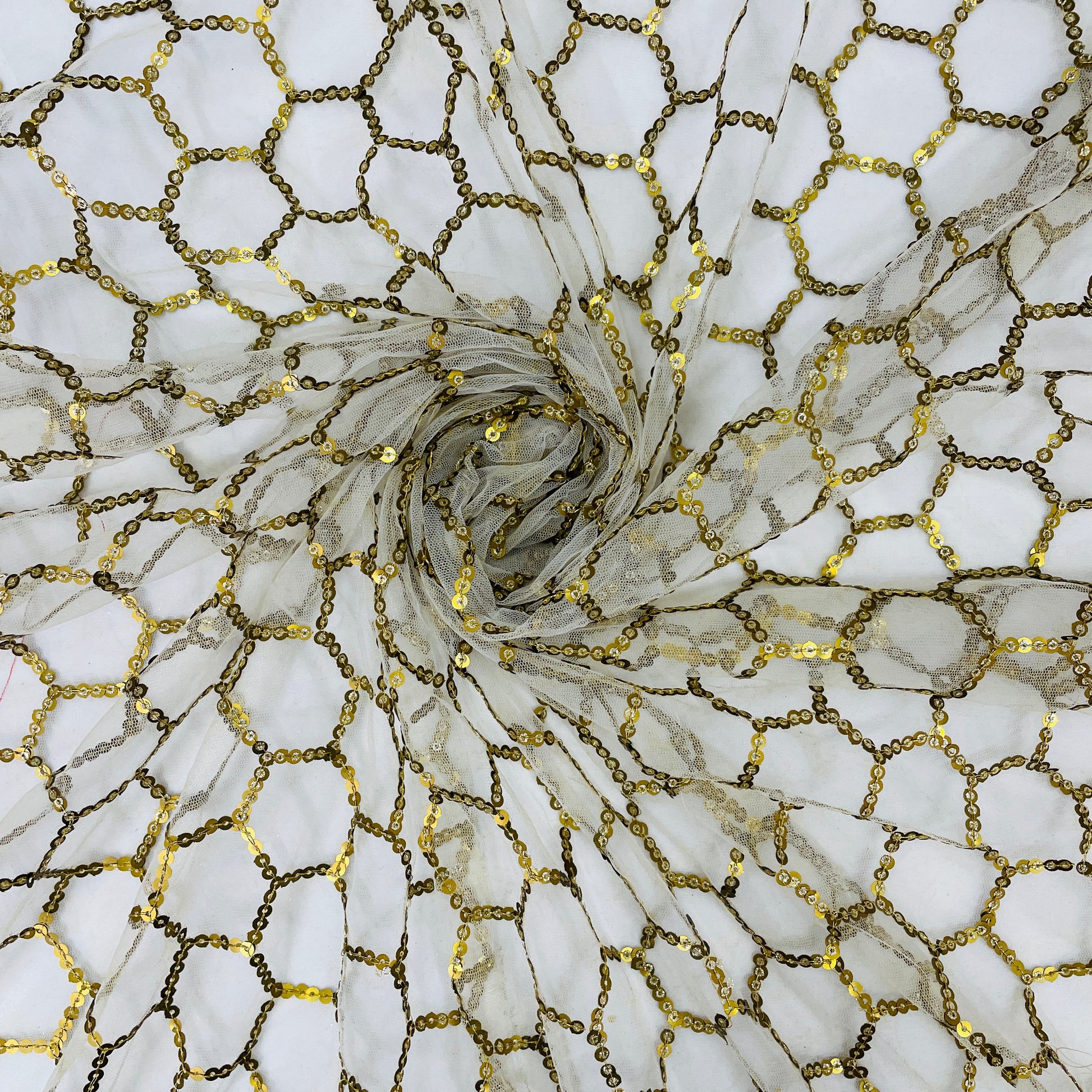White Geometrical Gold Sequence Dyeable Net Fabric - TradeUNO