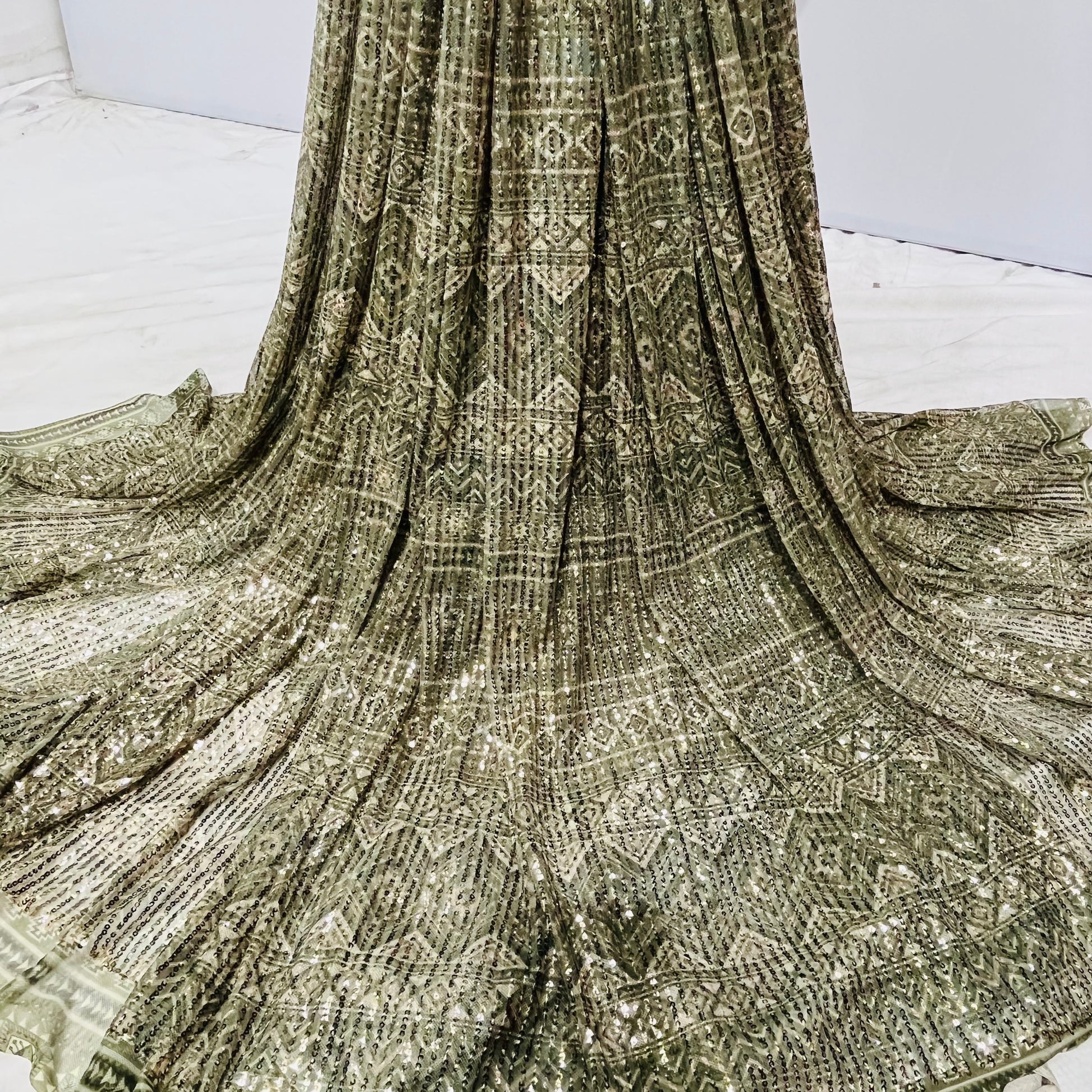 Olive Green Geometrical Sequence Embroidery Net Lycra Fabric - TradeUNO