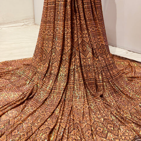 Orange Geometrical Sequence Embroidery Net Lycra Fabric - TradeUNO