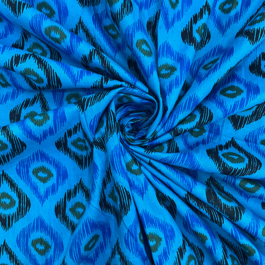 Blue Ikkat Print Poplin Cotton Fabric