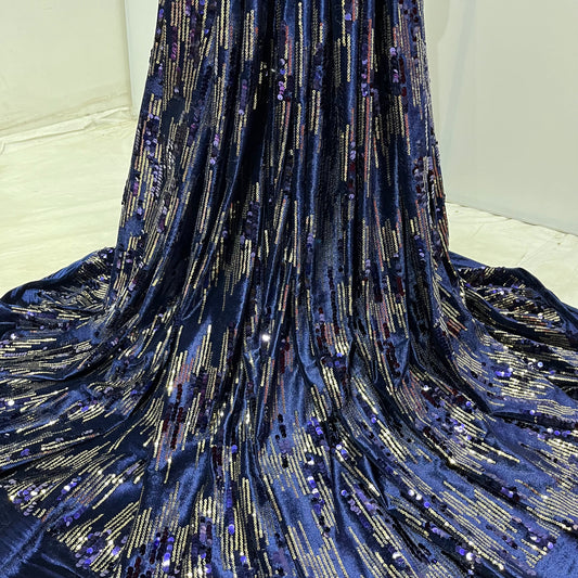 Navy Blue Sequence Embroidery Velvet with Lycra Fabric