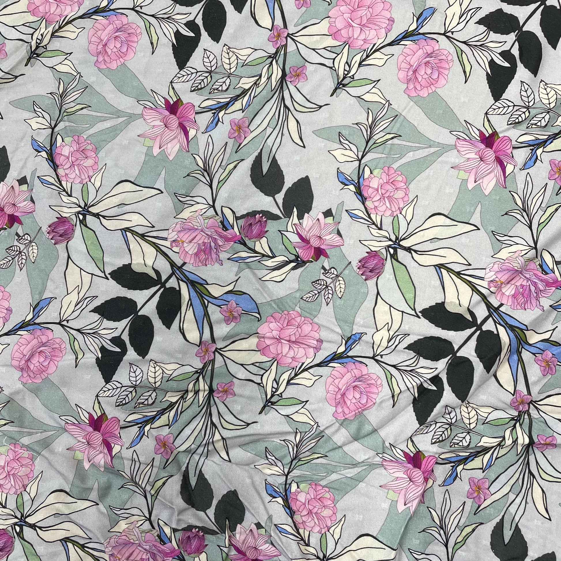 Grey Floral Print Viscose Dobby Fabric Trade UNO