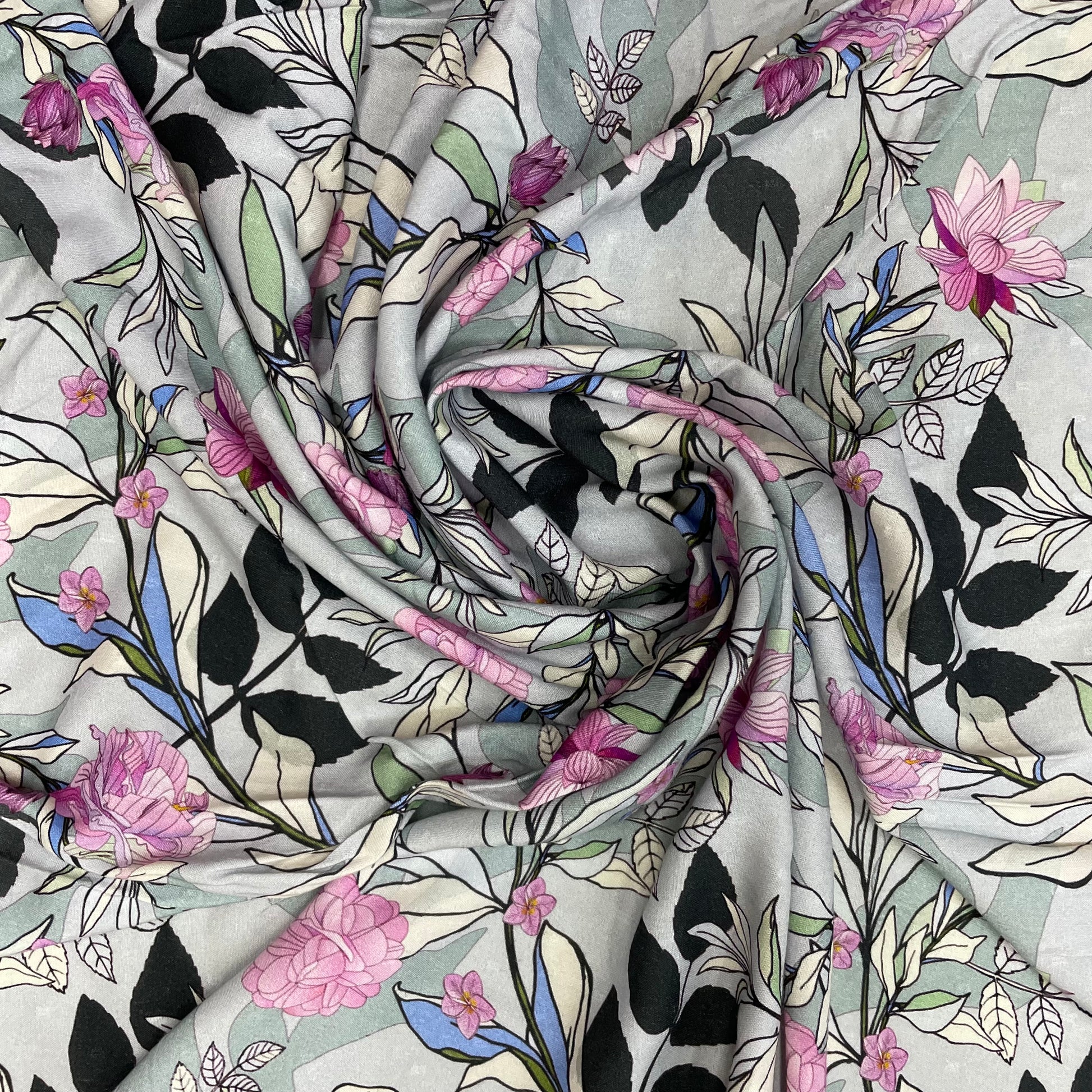 Grey Floral Print Viscose Dobby Fabric Trade UNO