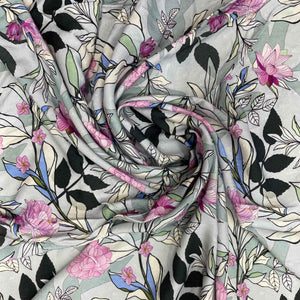 Grey Floral Print Rayon Dobby Fabric