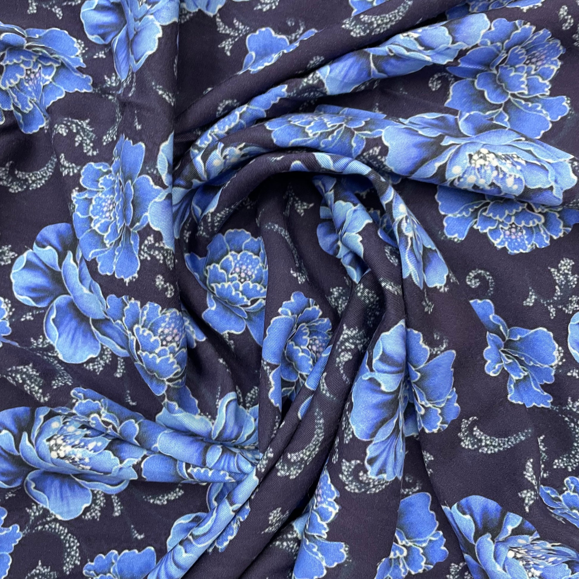 Navy Blue Floral Print Viscose Fabric Trade UNO