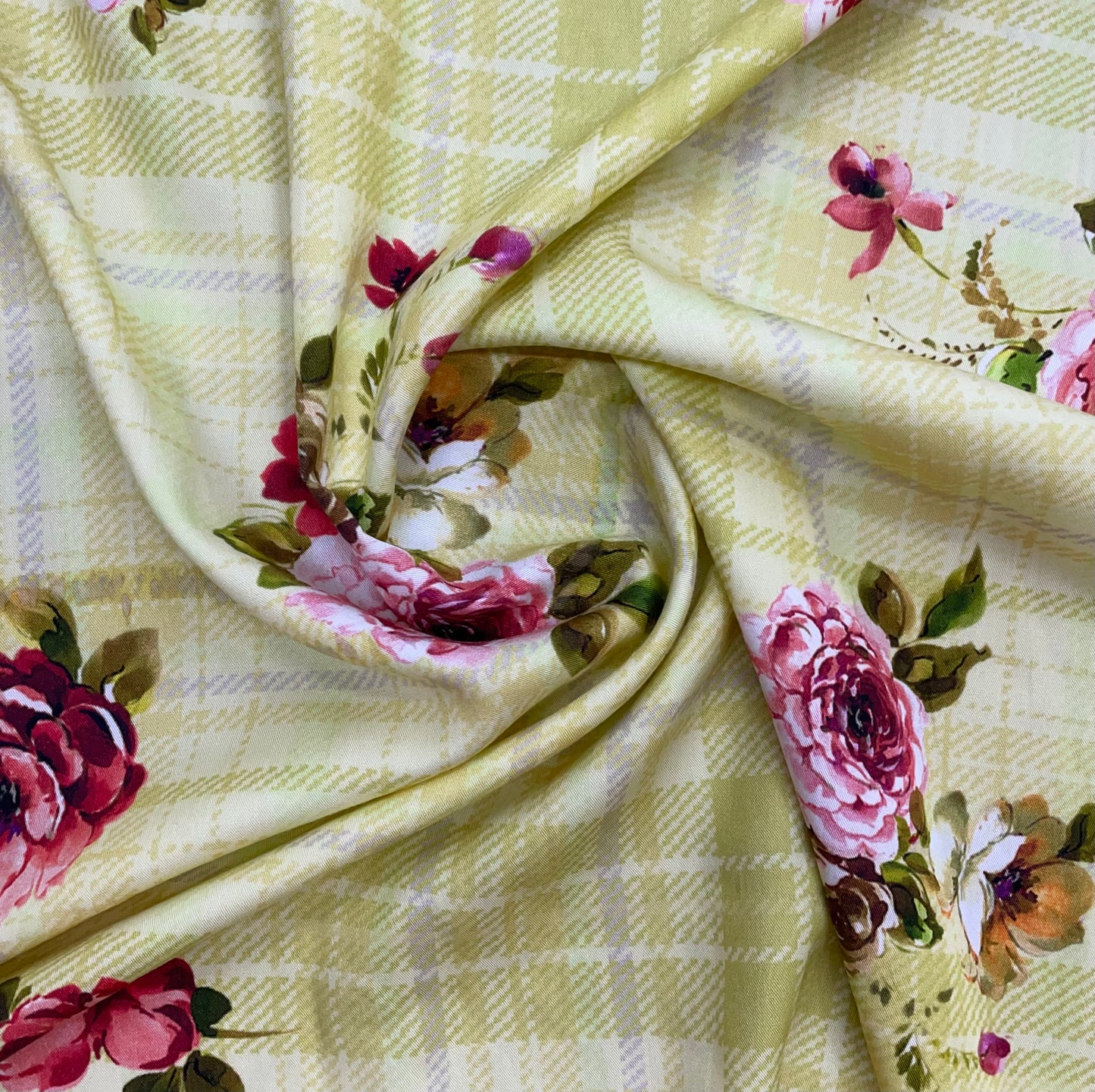 Yellow Check Floral Print Viscose Fabric Trade UNO