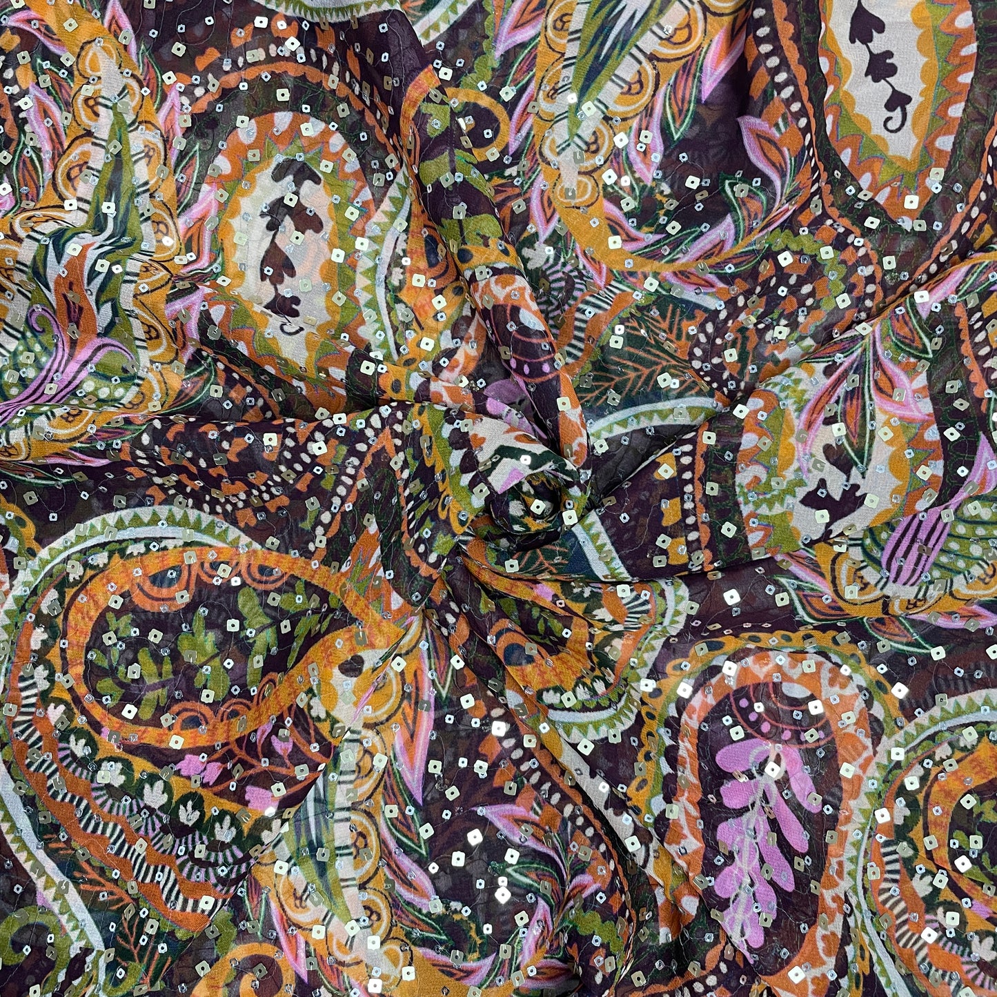 Wine With Multicolor Floral Sequence Georgette Fabric - TradeUNO
