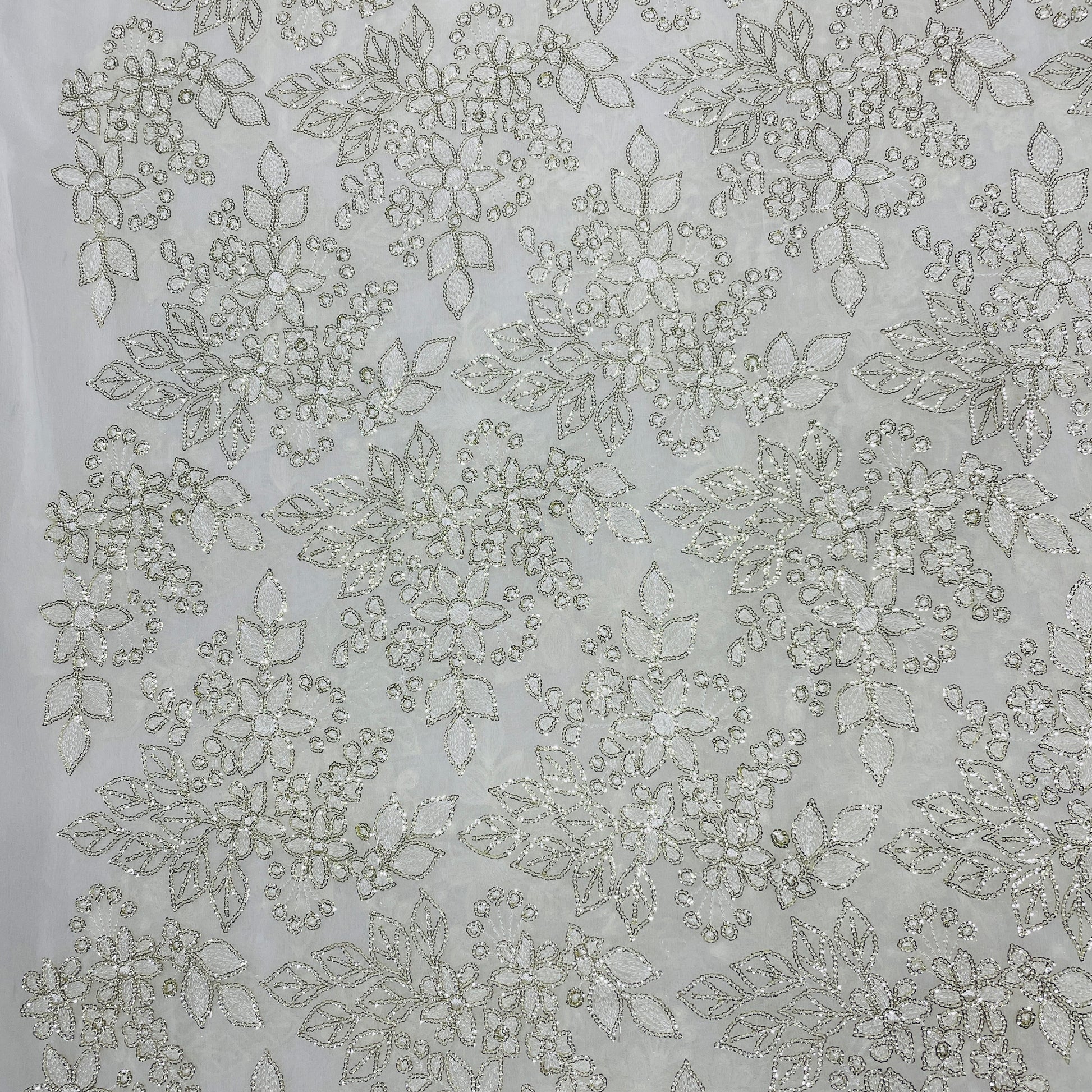 White Floral Silver Zari Sequence Thread Embroidery Dyeable Georgette Fabric - TradeUNO