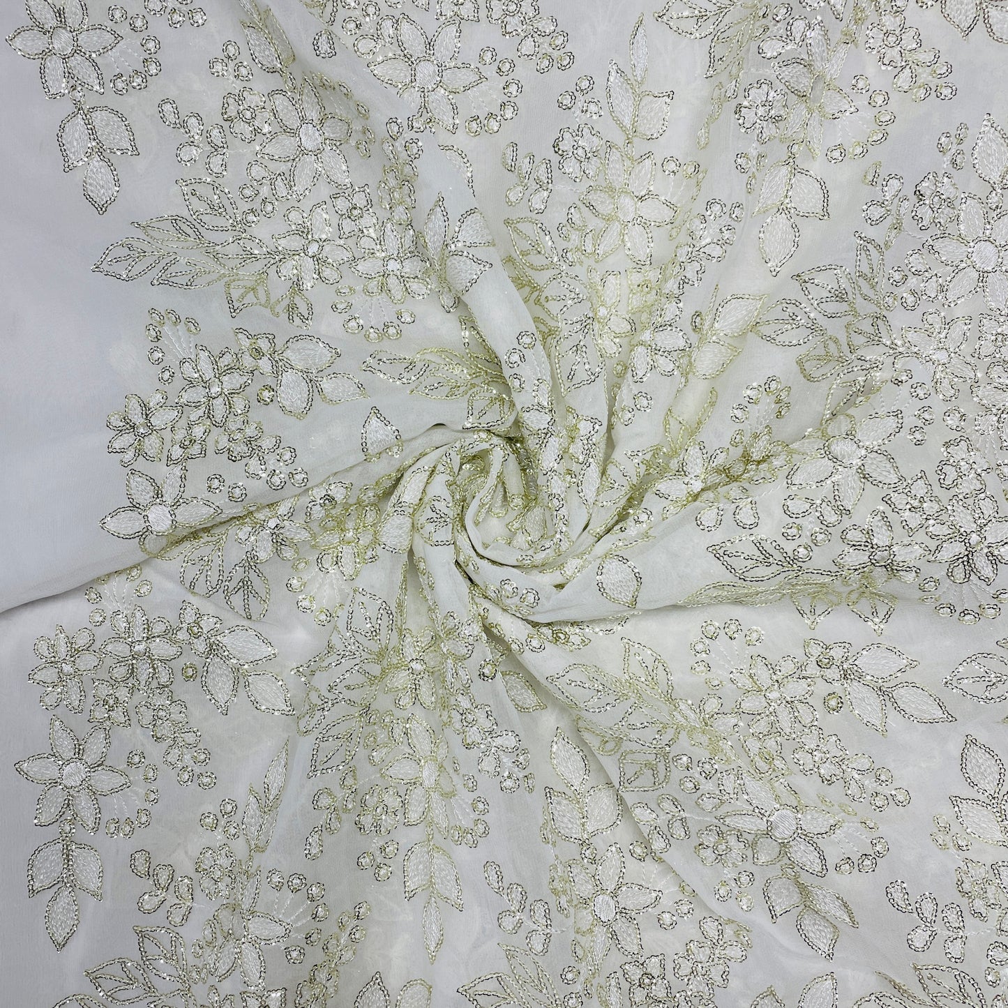 White Floral Silver Zari Sequence Thread Embroidery Dyeable Georgette Fabric - TradeUNO