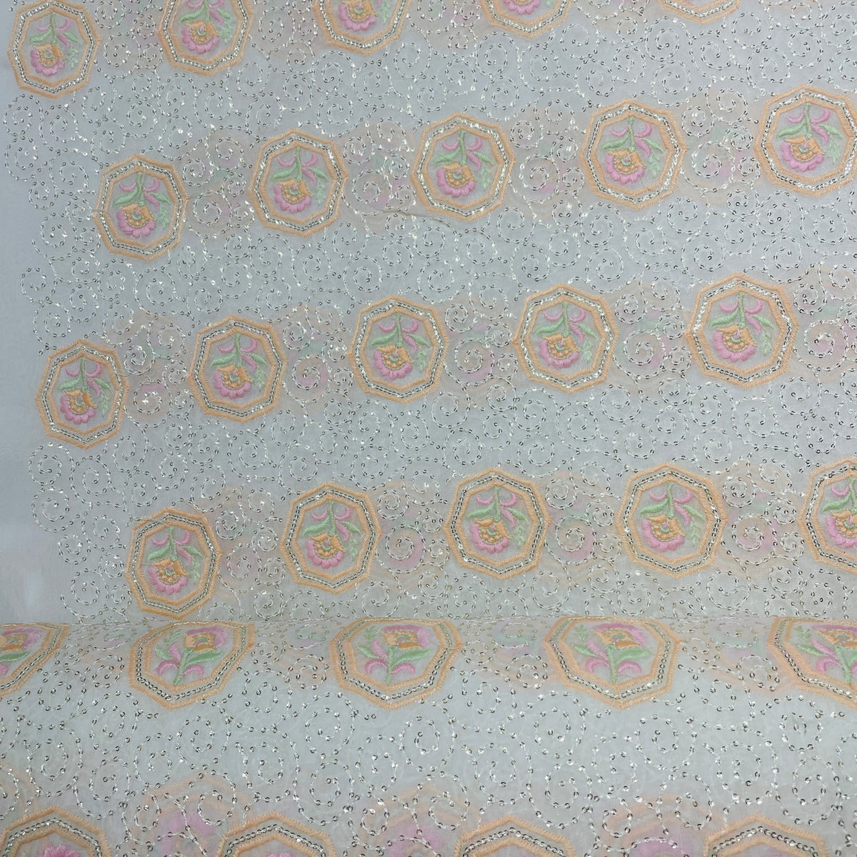 White With Pink Floral Sequence Thread Embroidery Dyeable Georgette Fabric - TradeUNO