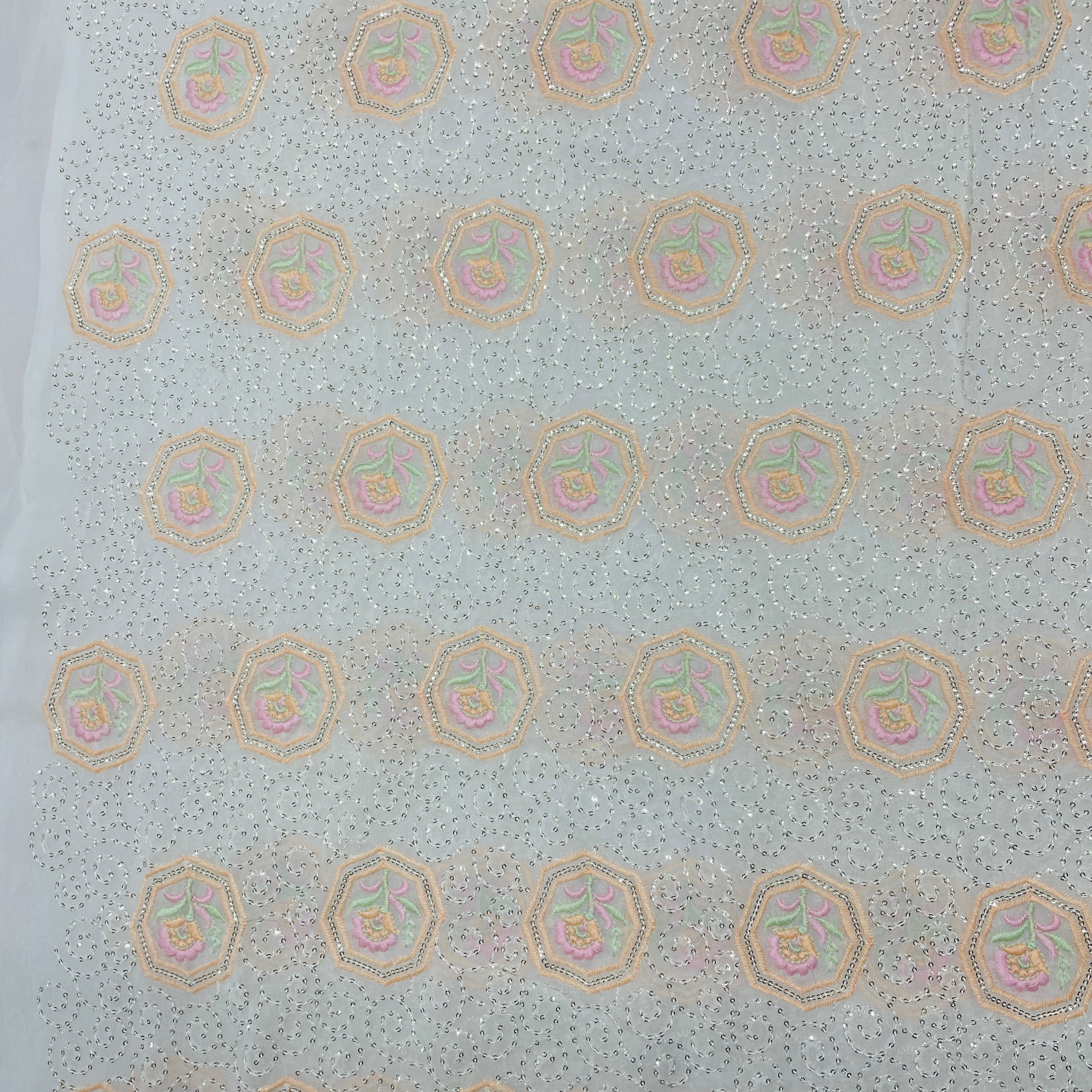 White With Pink Floral Sequence Thread Embroidery Dyeable Georgette Fabric - TradeUNO