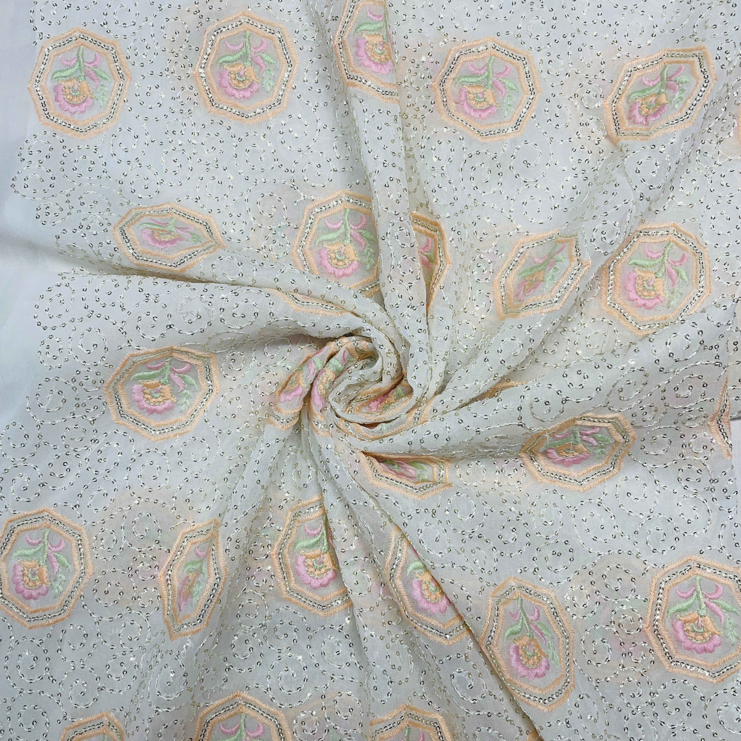 White With Pink Floral Sequence Thread Embroidery Dyeable Georgette Fabric - TradeUNO