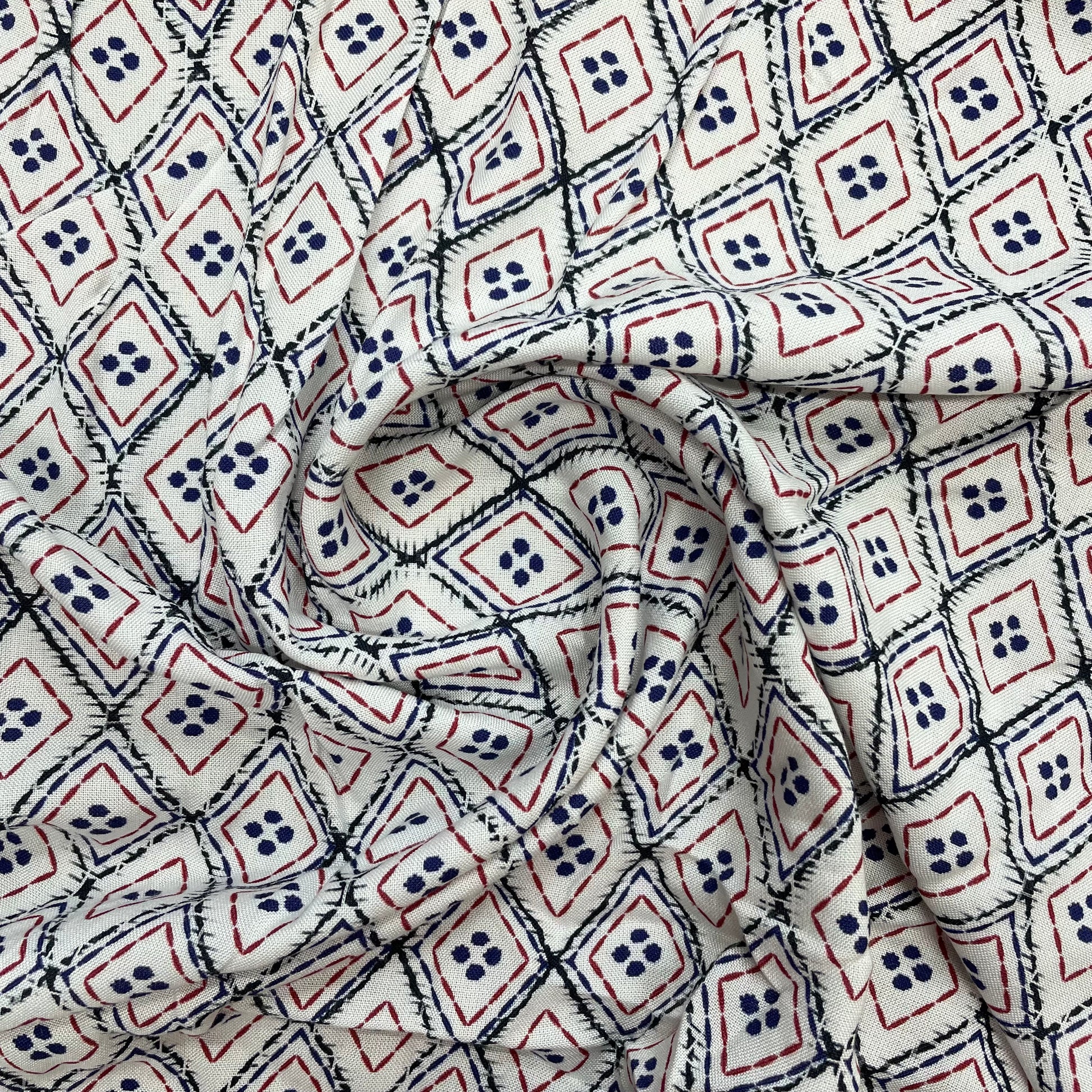White Geometrical Print Viscose Fabric Trade UNO