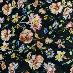 Black With Multicolor Floral Print Georgette Fabric Plain Weave 54 inches
