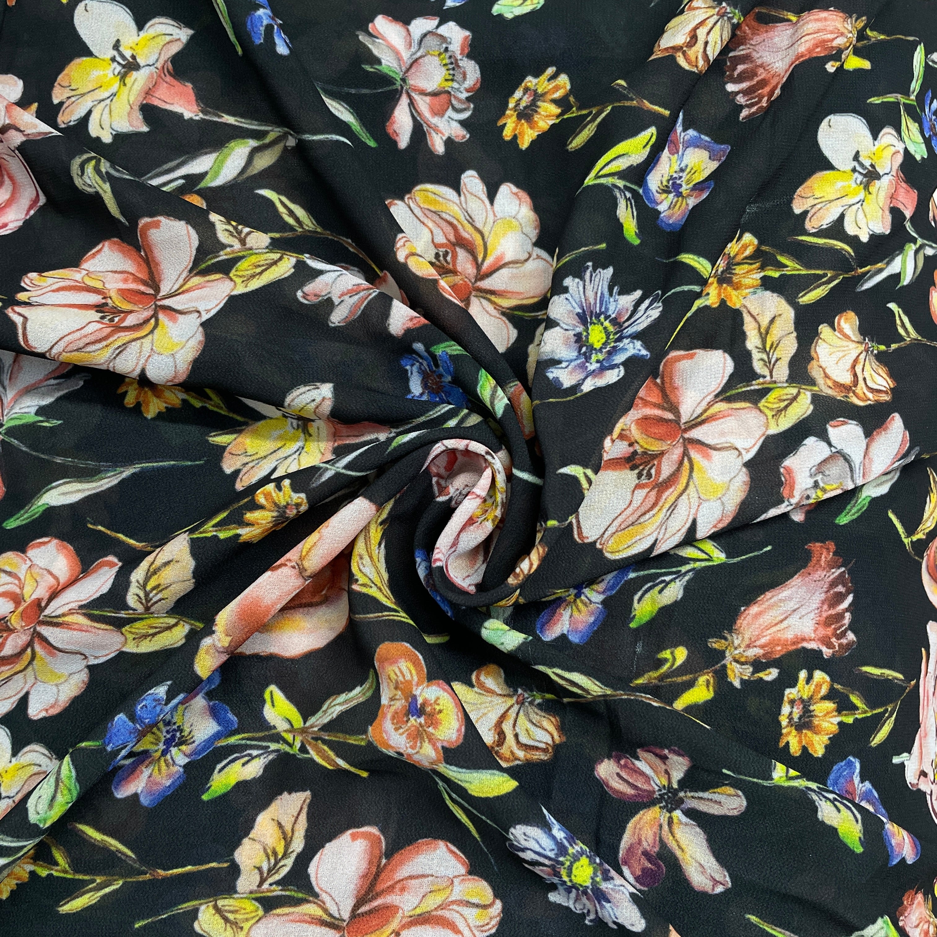 Black With Multicolor Floral Print Georgette Fabric Plain Weave 54 inches