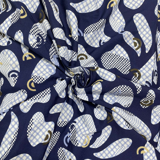 Navy Blue With White Abstract Print Gold Zari Crepe Fabric