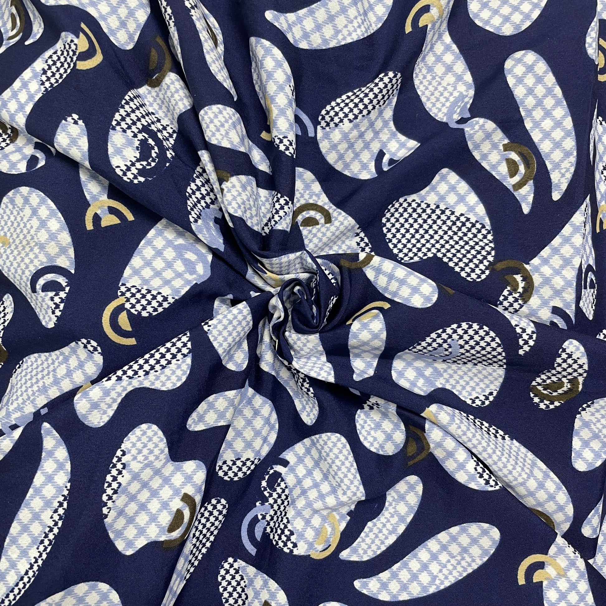 Navy Blue With White Abstract Print Gold Zari Crepe Fabric - TradeUNO