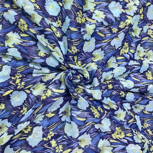 Blue Floral Print Chiffon Fabric