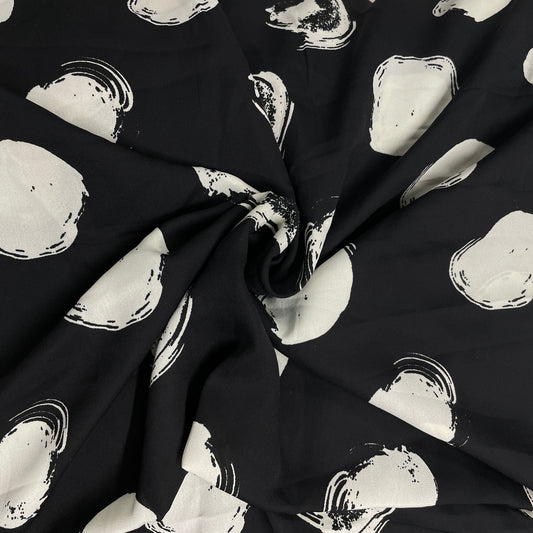 Black With White Dot Print Crepe Fabric, Plain Weave 46 inches