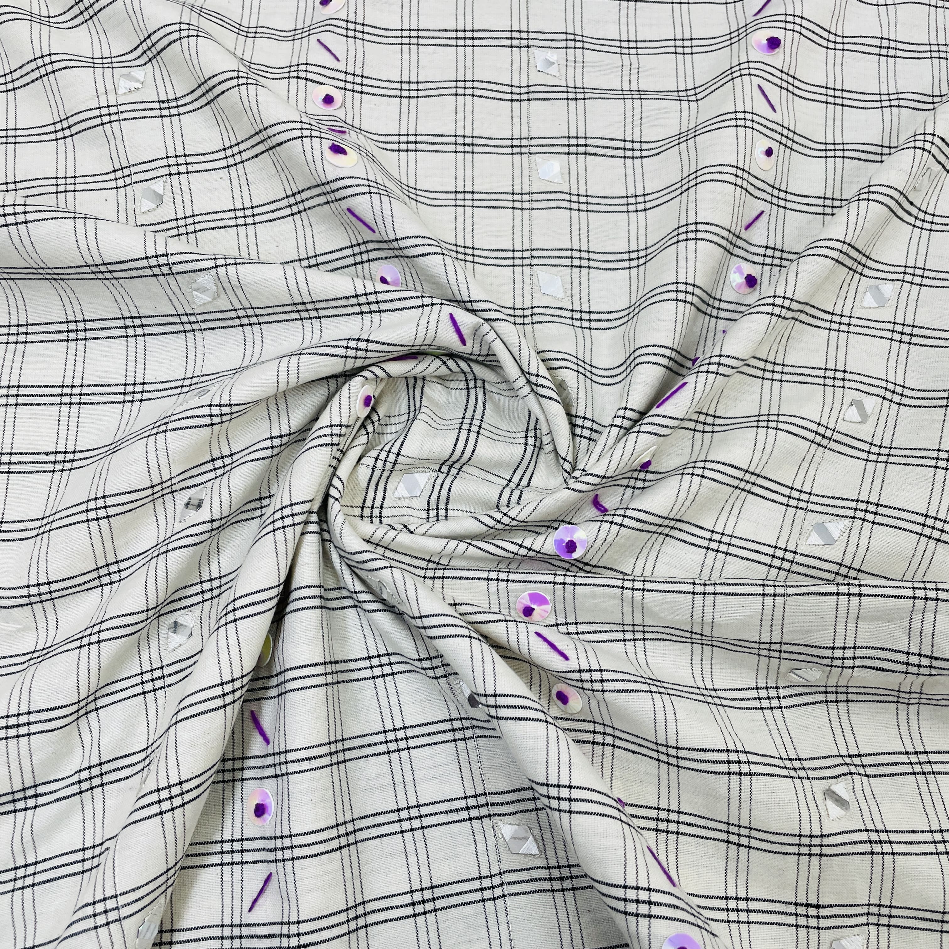 Exclusive White & Black Check With Mirror Sequence Embroidery Cotton Fabric