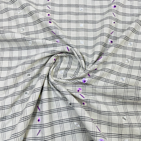 Exclusive White & Black Check With Mirror Sequence Embroidery Cotton Fabric