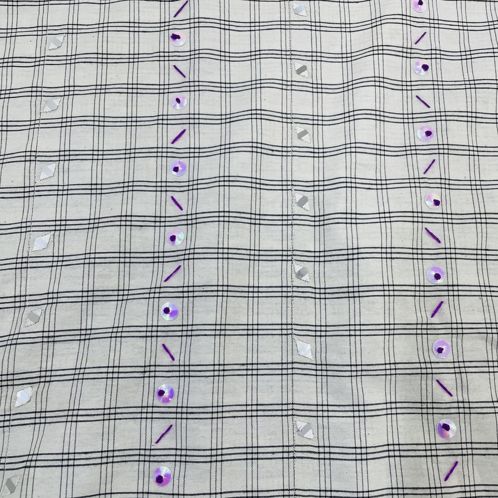 Exclusive White & Black Check With Mirror Sequence Embroidery Cotton Fabric