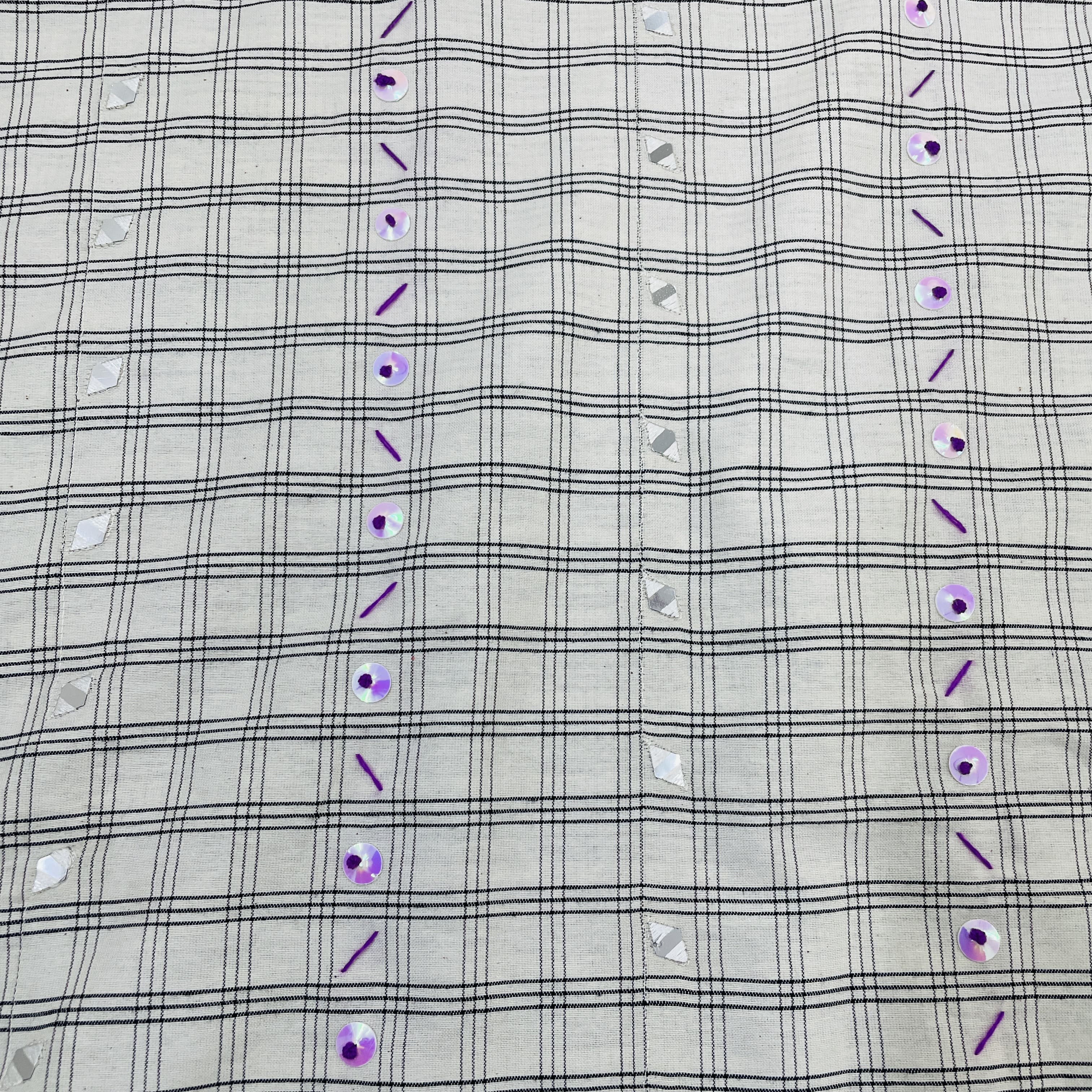 Exclusive White & Black Check With Mirror Sequence Embroidery Cotton Fabric
