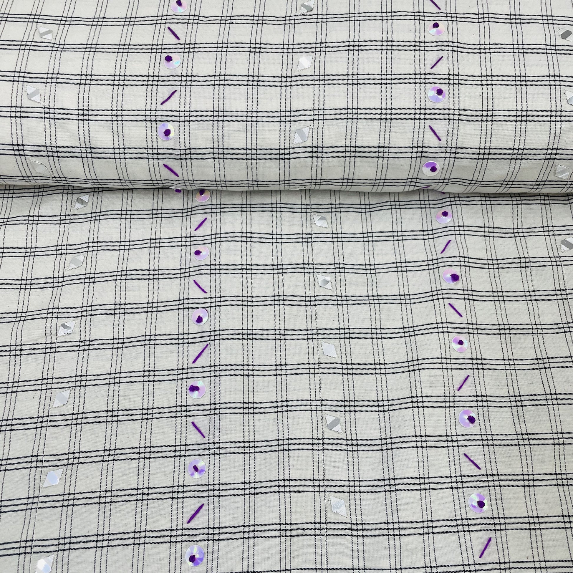 Exclusive White & Black Check With Mirror Sequence Embroidery Cotton Fabric