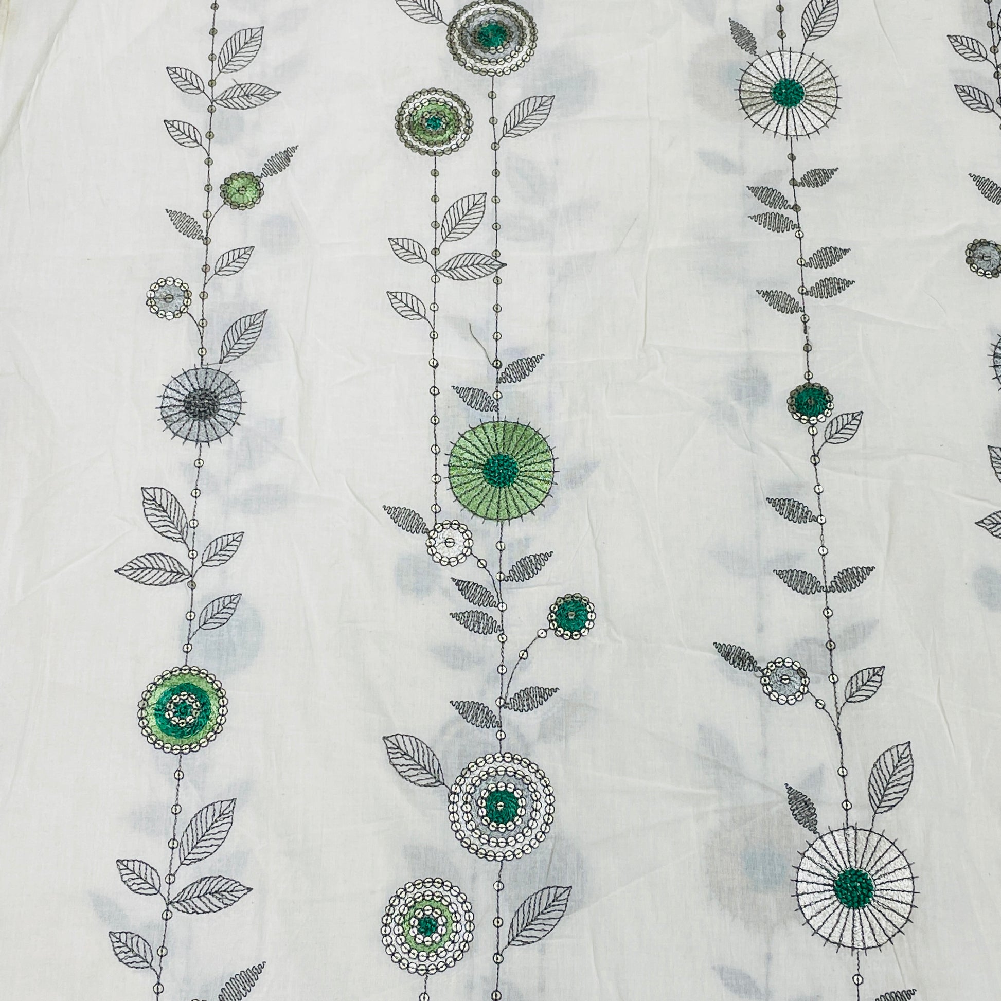Cream With Green Sequence Thread Embroidery Cotton Fabric - TradeUNO