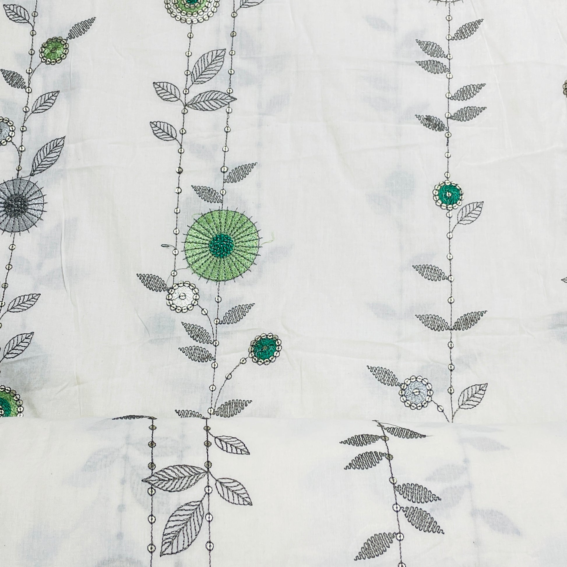 Cream With Green Sequence Thread Embroidery Cotton Fabric - TradeUNO
