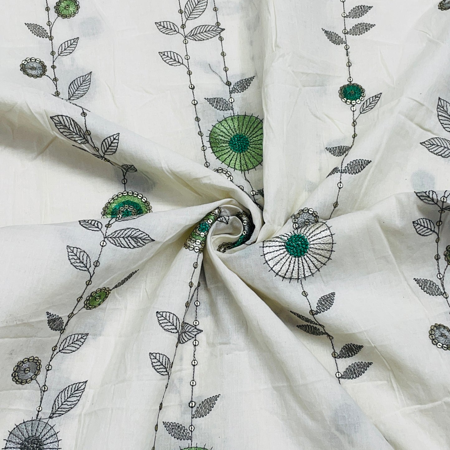 Cream With Green Sequence Thread Embroidery Cotton Fabric - TradeUNO