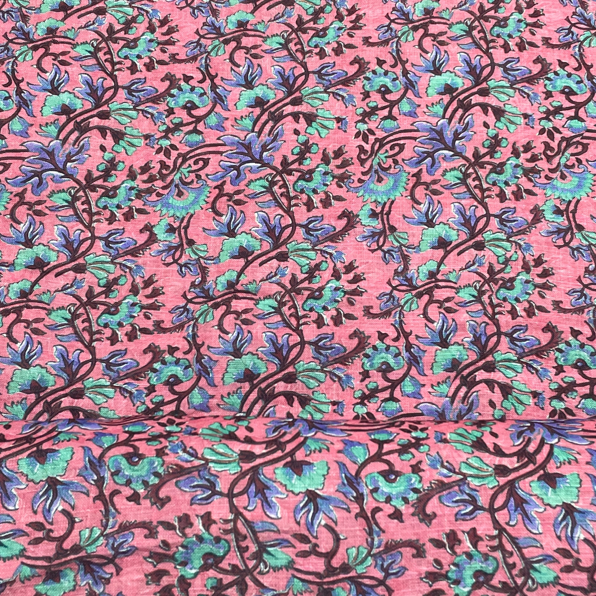 Pink With Blue & Green Floral Digital Print Linen Fabric - TradeUNO