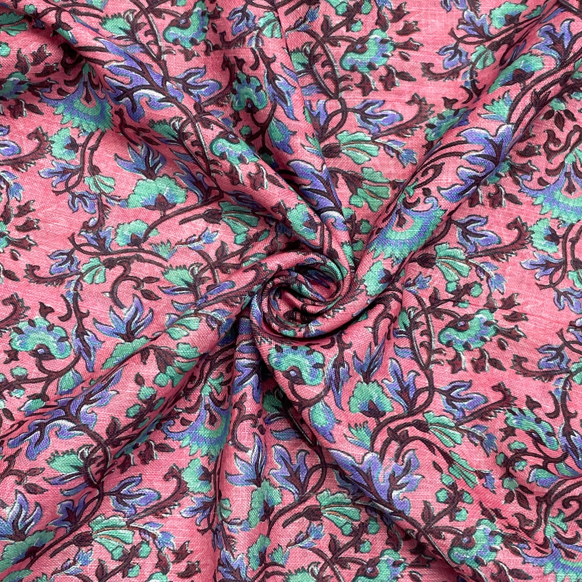 Pink With Blue & Green Floral Digital Print Linen Fabric - TradeUNO