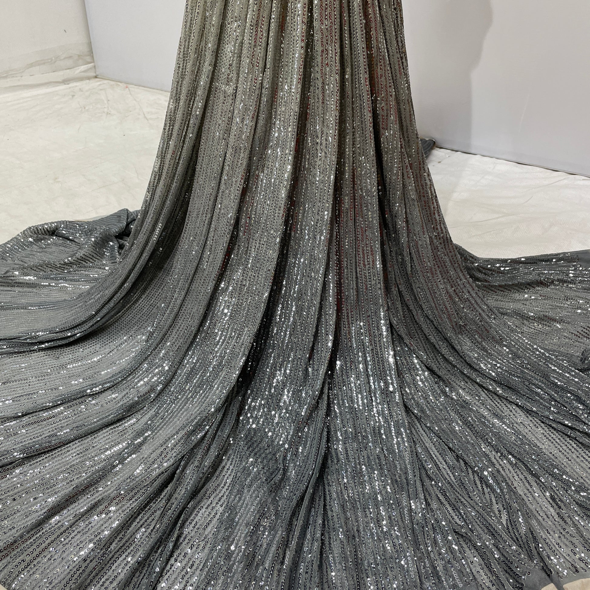 Grey Sequence Embroidery Net Lycra Fabric - TradeUNO