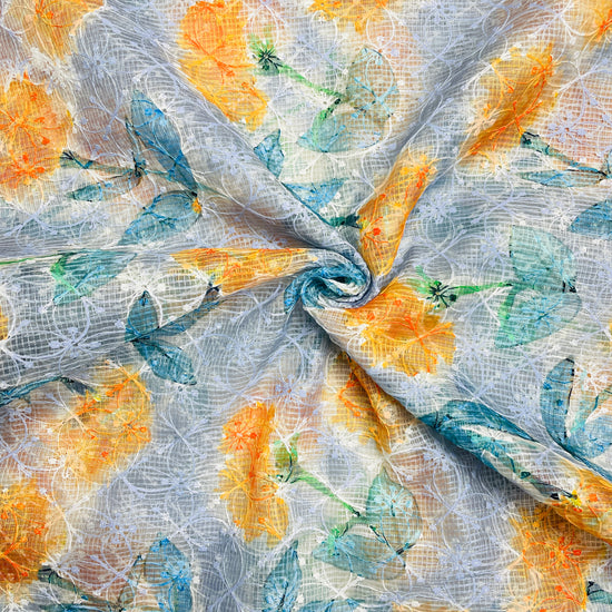 blue with orange floral thread embroidery kota cotton fabric