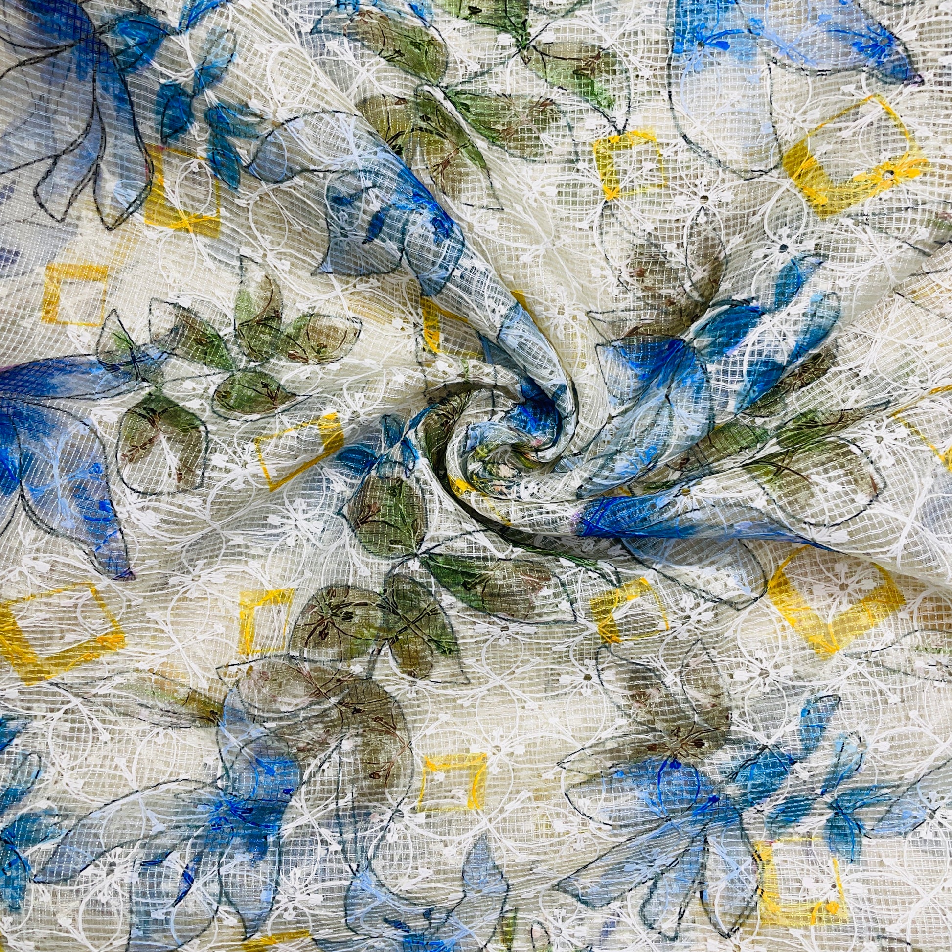 white with blue floral thread embroidery kota cotton fabric