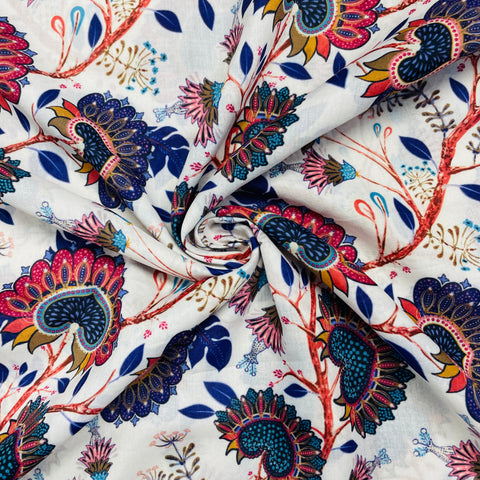 White With Multicolor Floral Print Muslin Fabric ,42 inches - TradeUNO